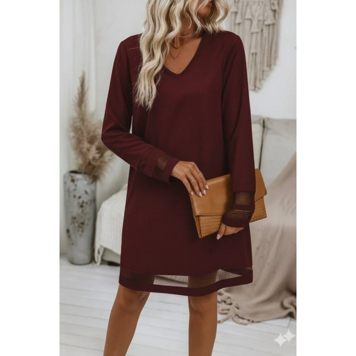 Kadın Uzun Kollu V Yakalı Tül şerit Detaylı Mini Krep Elbise