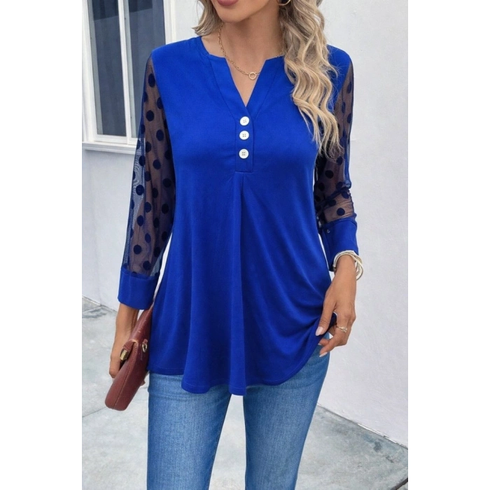 Kadın Uzun Kollu Yakadan Düğmeli Kolları Tül Detaylı Viskon Bluz