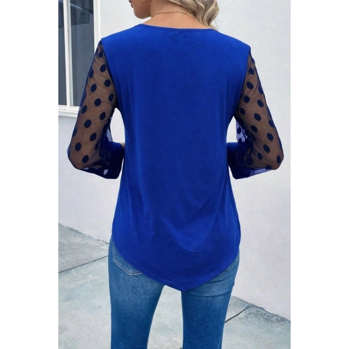 Kadın Uzun Kollu Yakadan Düğmeli Kolları Tül Detaylı Viskon Bluz