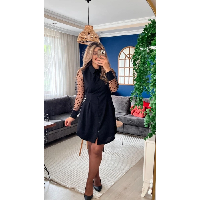 Kadın Uzun Kollu Yakalı Düğmeli Mini Ithal Krep Elbise