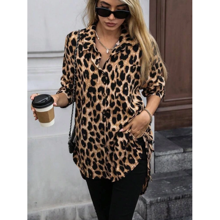 Kadın Uzun Kollu Yakalı önden Düğmeli Yandan Bağcıklı Leopar Desenli Modal Bluz