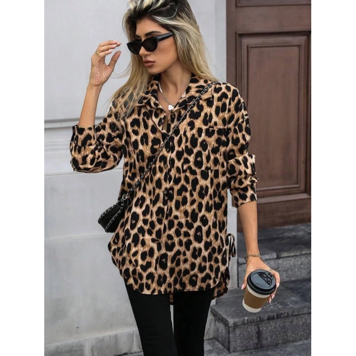 Kadın Uzun Kollu Yakalı önden Düğmeli Yandan Bağcıklı Leopar Desenli Modal Bluz