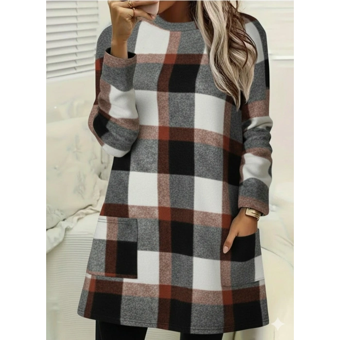 Kadın Uzun Kollu Yarı Balıkçı Yakalı Cep Detaylı Ekoseli Dokuma Tunik