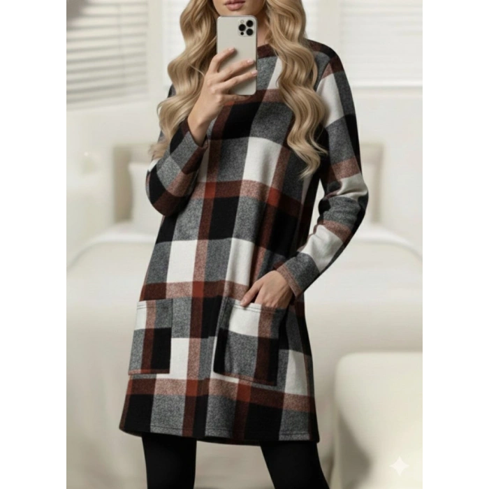 Kadın Uzun Kollu Yarı Balıkçı Yakalı Cep Detaylı Ekoseli Dokuma Tunik