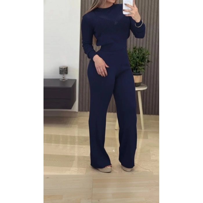 Kadın Uzun Kollu Yuvarlak Yaka Transparan Detaylı Triko Bluz Ve Pantolon Ikili Takım