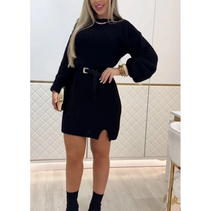 Kadın Uzun Kollu Yuvarlak Yakalı Kısa Triko Elbise