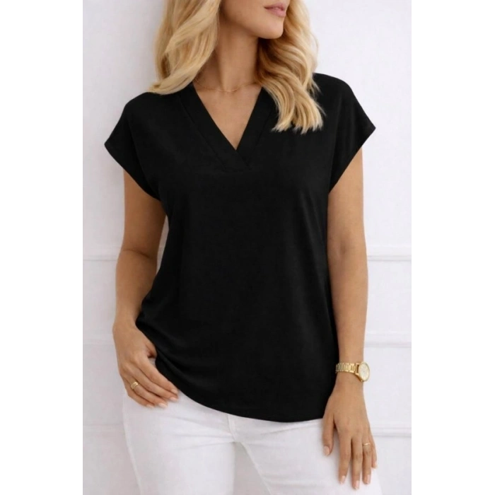 Kadın V Yaka Kısa Kol Dokuma Viskon Kumaş Bluz