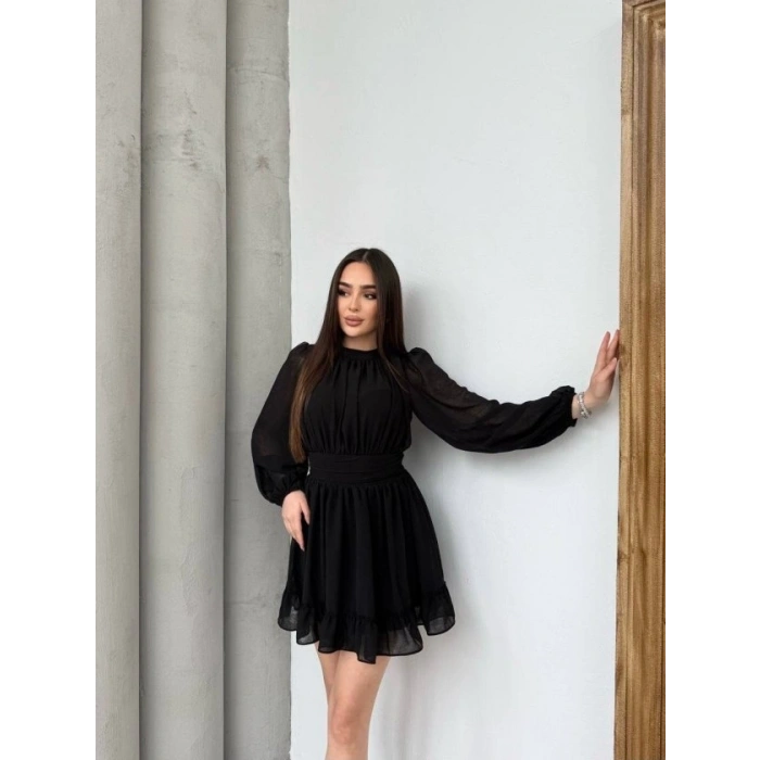 Kadın Yarım Balıkçı Yaka Kolları Transparan Astarlı Full şifon Elbise