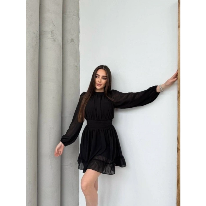 Kadın Yarım Balıkçı Yaka Kolları Transparan Astarlı Full şifon Elbise