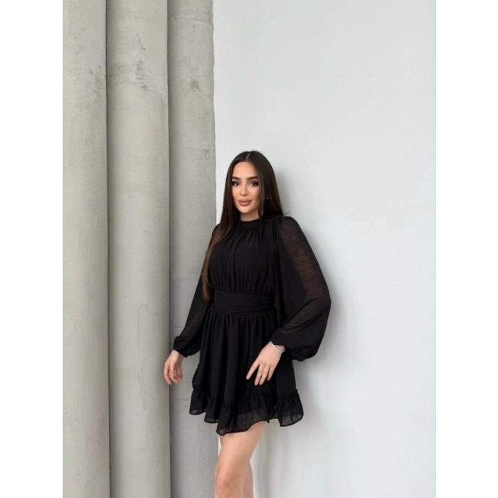 Kadın Yarım Balıkçı Yaka Kolları Transparan Astarlı Full şifon Elbise