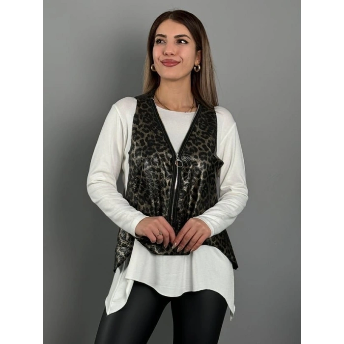 Kadın Yılan Desen Fermuar Detay Yelek Ve Asimetrik Kesim Bluz Salaş Ikili Takım