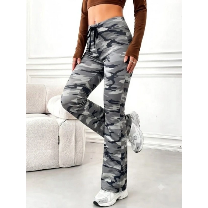 Kadın Yüksek Bel Bağcıklı Geniş Paçalı Desenli Dalgıç Tayt