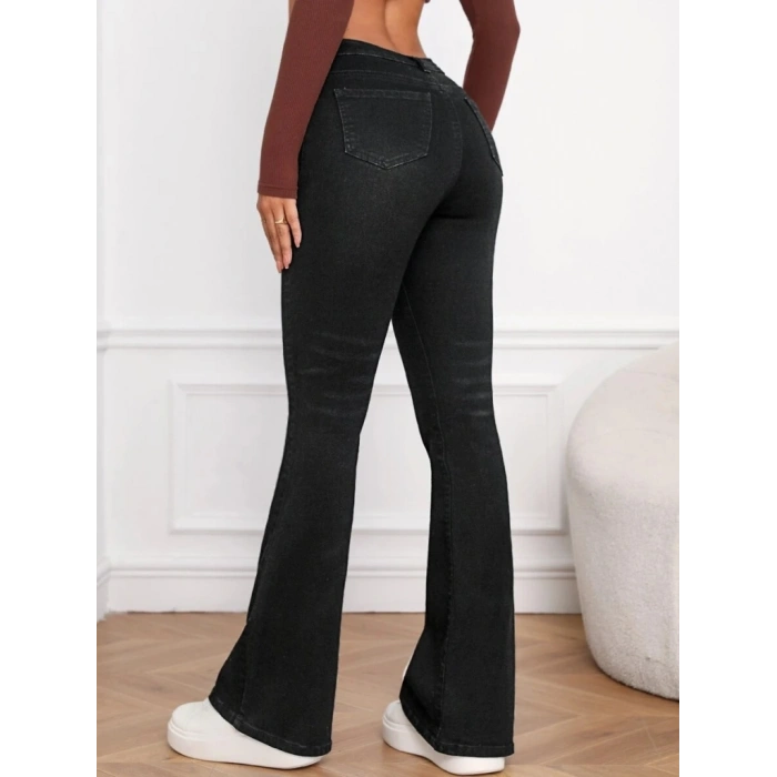 Kadın Yüksek Bel Cepli İspanyol Paçalı Kot Jeans Pantolon