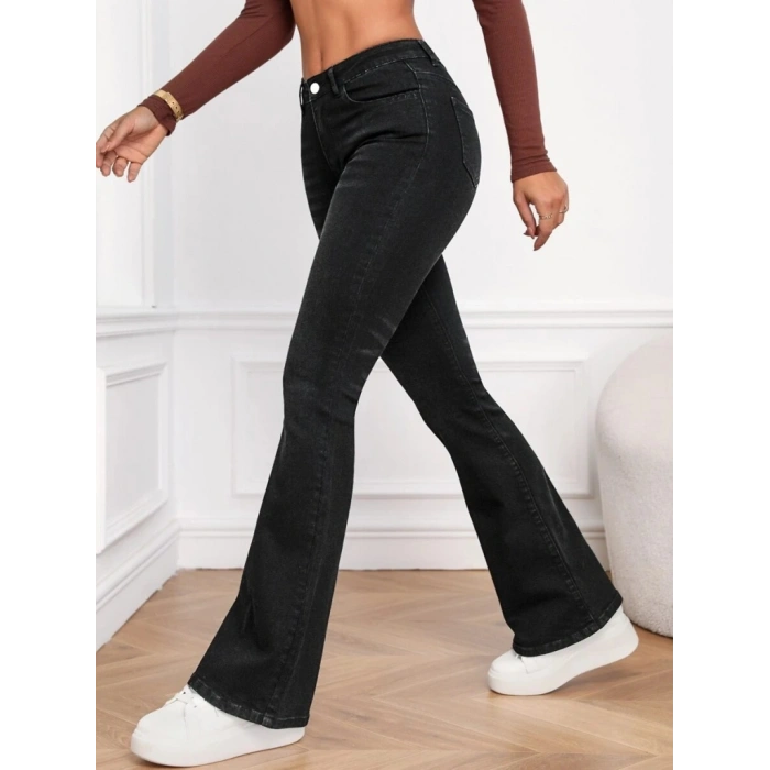 Kadın Yüksek Bel Cepli İspanyol Paçalı Kot Jeans Pantolon