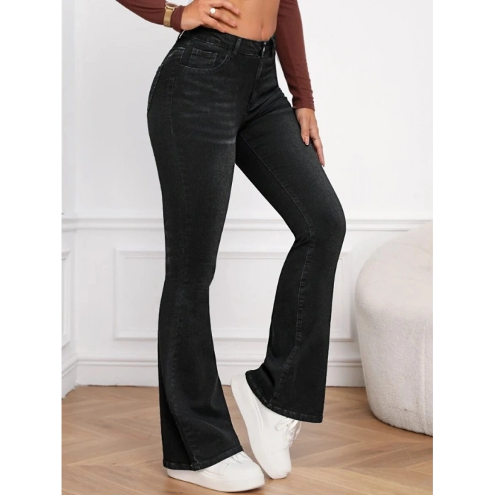 Kadın Yüksek Bel Cepli İspanyol Paçalı Kot Jeans Pantolon