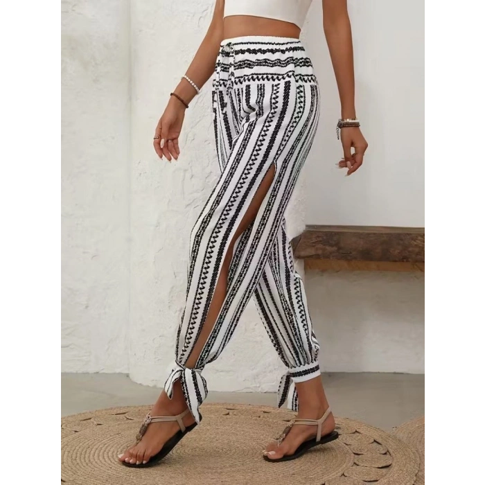 Kadın Yüksek Bel Desenli Paçadan Bağlamalı Yanları Yırtmaçlı Süprem Pantolon