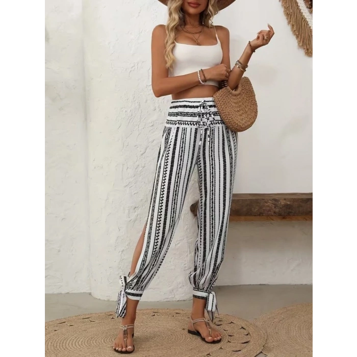 Kadın Yüksek Bel Desenli Paçadan Bağlamalı Yanları Yırtmaçlı Süprem Pantolon