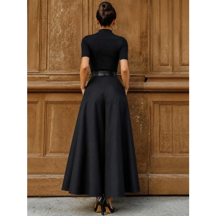 Kadın Yüksek Bel Kemerli Double Kumaş Palazzo Pantolon