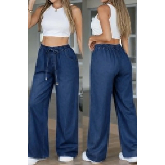 Kadın Yüksek Bel Lastikli Bağcıklı Kot Pantolon