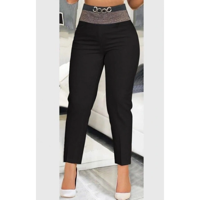 Kadın Yüksek Bel önden Taşlı Ve Tokalı Ithal Krep Pantolon