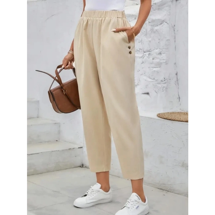 Kadın Yüksek Bel Yandan Cepli Düğme Detaylı Geniş Kesim Ithal Krep Pantolon