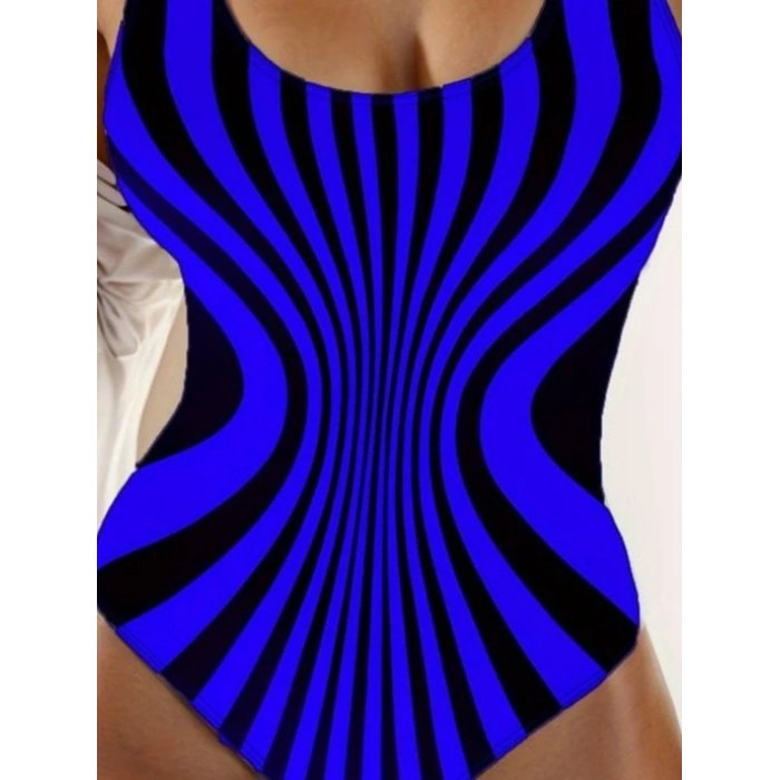 Kadın Yuvarlak Yaka Askılı Zebra Desen Baskılı Dalgıç Mayo