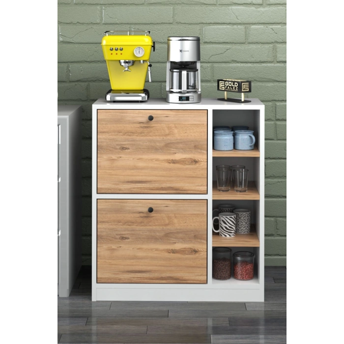 Kahve Köşesi Mutfak Rafı Çok Amaçlı Dolap Mutfak Stand Mutfak Bango Beyaz Ceviz