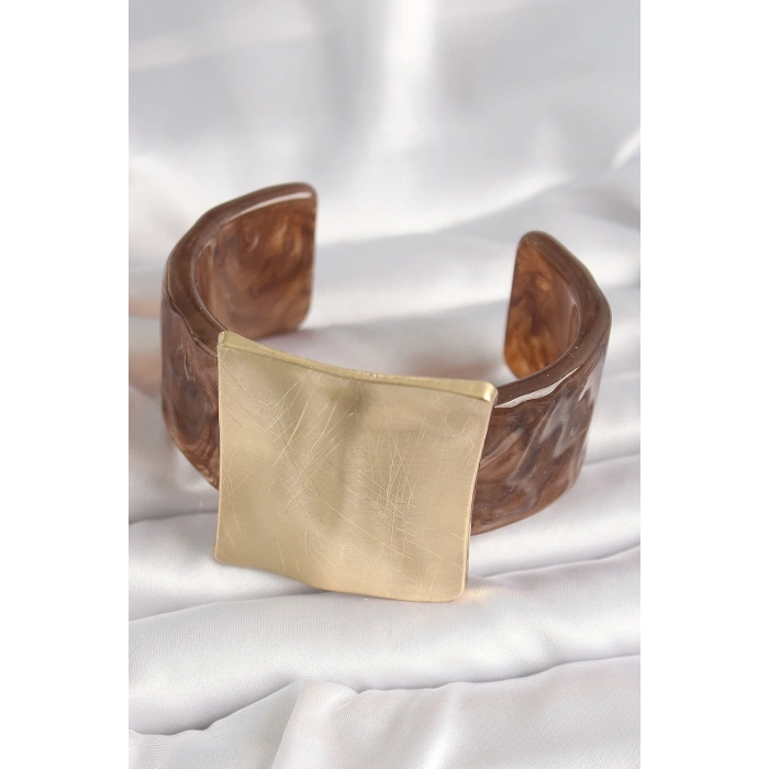 Kahverengi Mermer Desen Akrilik Plastik Gold Kare Plaka Model Vintage Kadın Bilezik