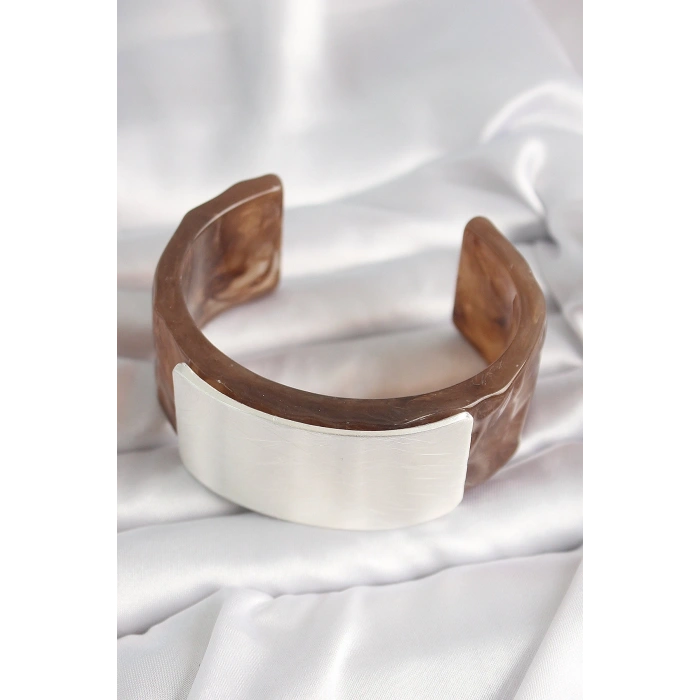 Kahverengi Mermer Desen Akrilik Plastik Gümüş Dikdörtgen Plaka Vintage Kadın Bilezik