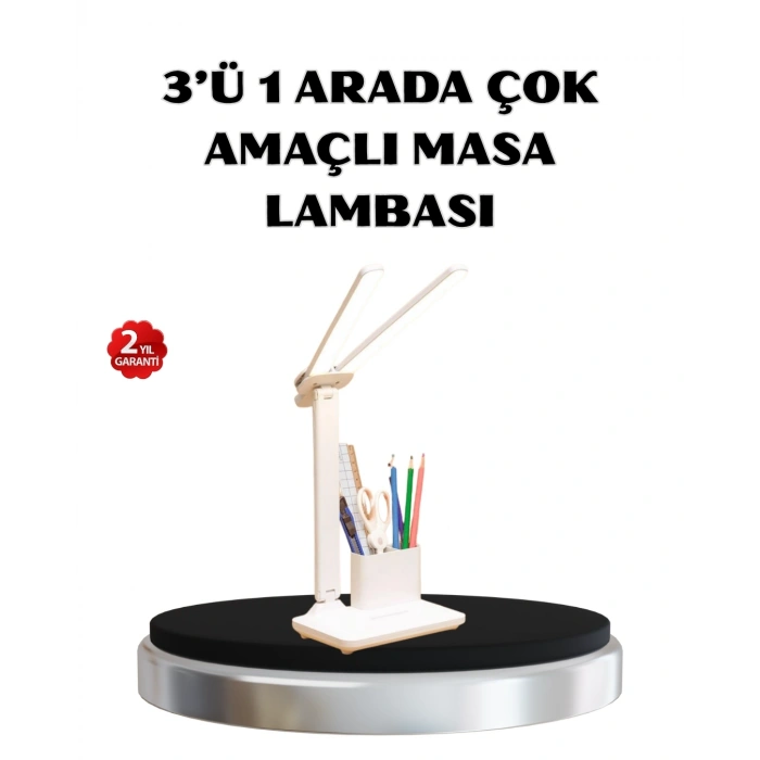 Kalemlik ve Telefon Standlı Masa Lambası – Kısılabilir LED Işık, Göz Dostu Tasarım