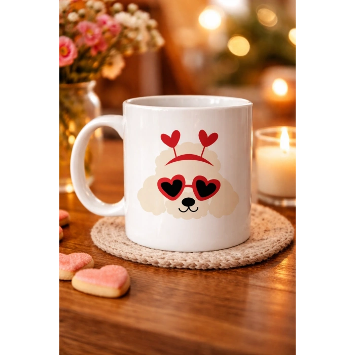 Kalpli Gözlü Sevimli Poodle (Kaniş) Tasarımlı Porselen Kupa Model 51 – Aşk Dolu, Tatlı ve Eğlenceli Hediye