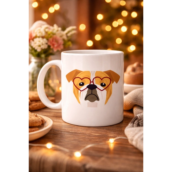 Kalpli Gözlüklü İngiliz Bulldog Tasarımlı Porselen Kupa Model 52 – Sevimli Köpek Desenli Kahve & Çay Kupası