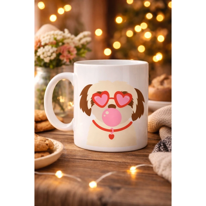 Kalpli Gözlüklü Shih Tzu Tasarımlı Porselen Kupa MODEL 53 – Sevimli Köpek Figürlü Kahve & Çay Kupası