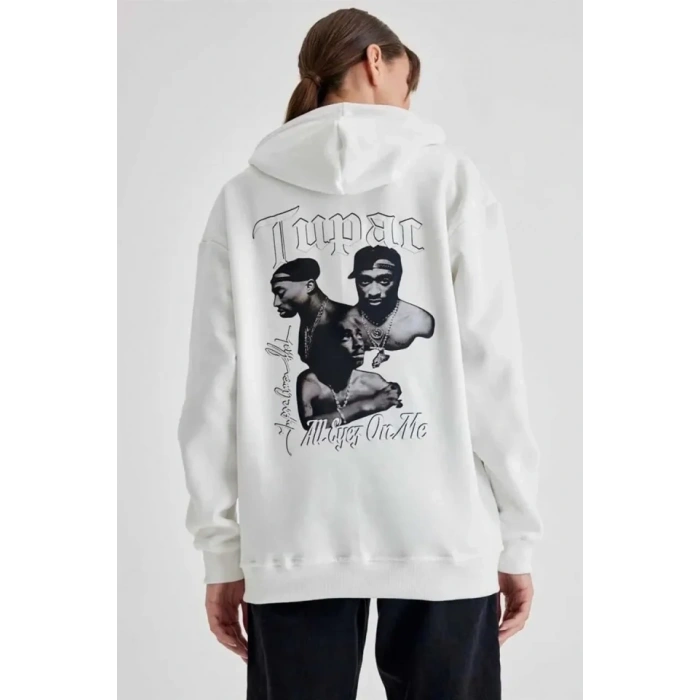 Kapüşonlu Sırt Baskılı Üç İplik Oversize Sweatshirt - Beyaz