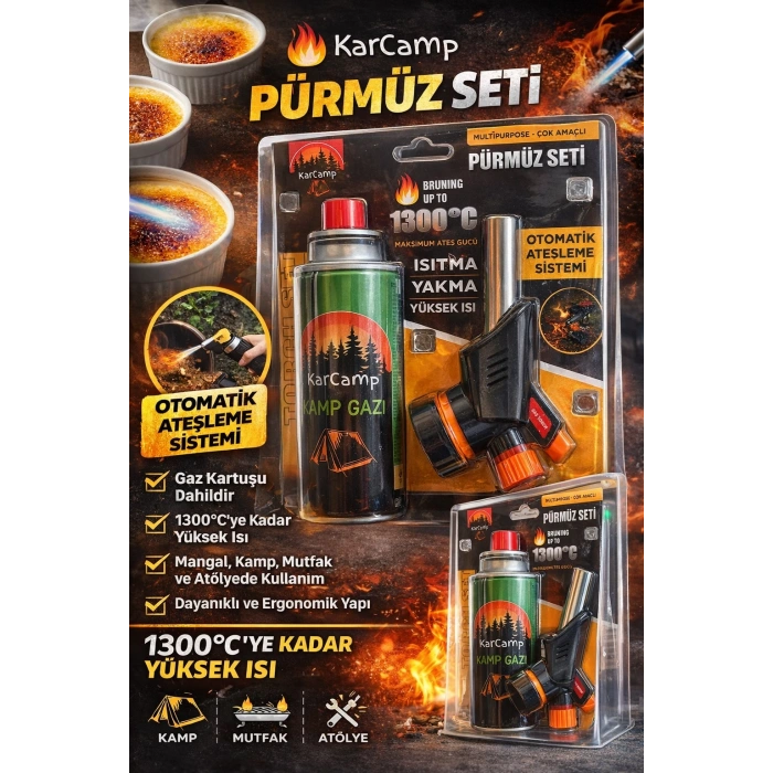 KarCamp Pürmüz Seti Kamp Gazlı Torch Çakmak Otomatik Ateşlemeli 1300°C Çok Amaçlı Mutfak Kamp Kaynak Pürmüz Seti Gaz Kartuşlu