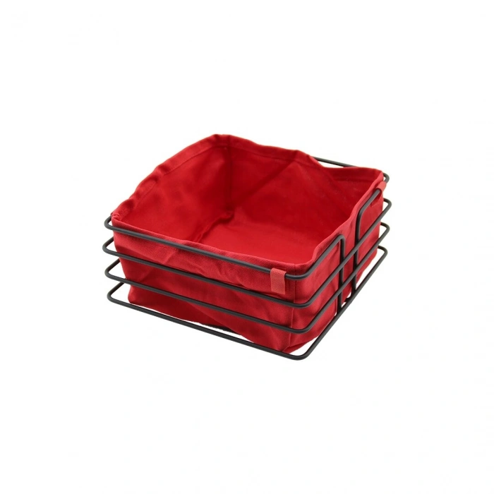 KARE SİYAH METAL KIRMIZI BEZLİ EKMEK SEPETİ 20X21CM DERİNLİK 10.5CM