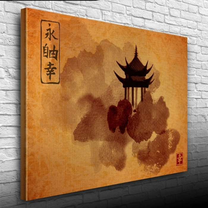 Kavuniçi Tonlarda Geleneksel Japon Mimarisi Kanvas Tablo 50 x 70