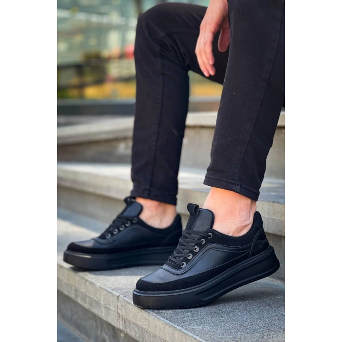 KB-006 Kuback Siyah Cilt Siyah Yüksek Taban Bağcıklı Günlük Erkek Ayakkabı