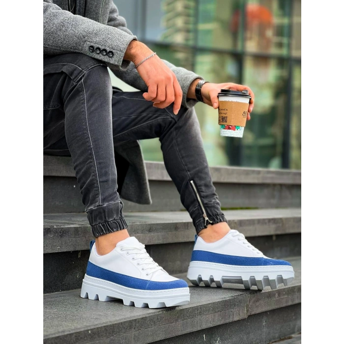 KB-056 Kuback Beyaz Mavi Detaylı Beyaz Yüksek Taban Günlük Spor Ayakkabı