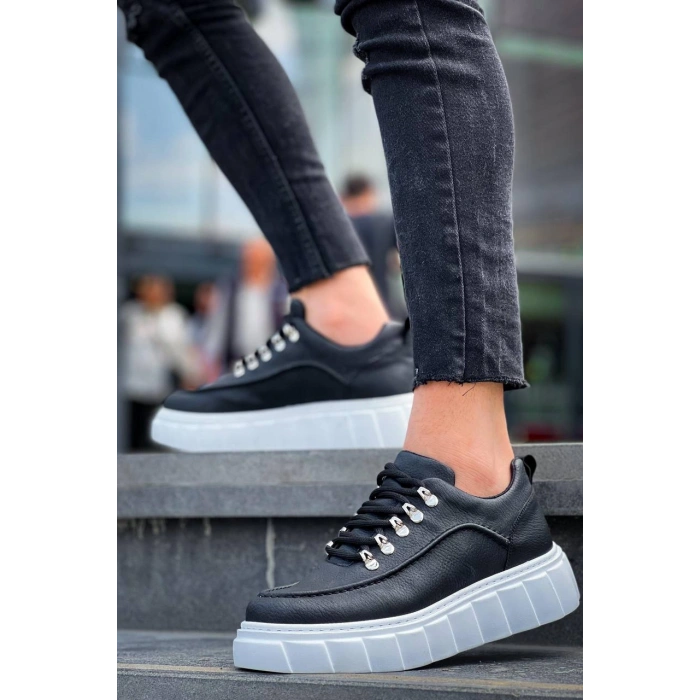 KB-X10 Kuback Siyah Cilt  Beyaz Yüksek Taban Günlük Spor Ayakkabı