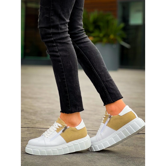 KB-X155 Kuback Beyaz Cilt Bej Süet Detaylı Beyaz Yüksek Taban Günlük Spor Ayakkabı