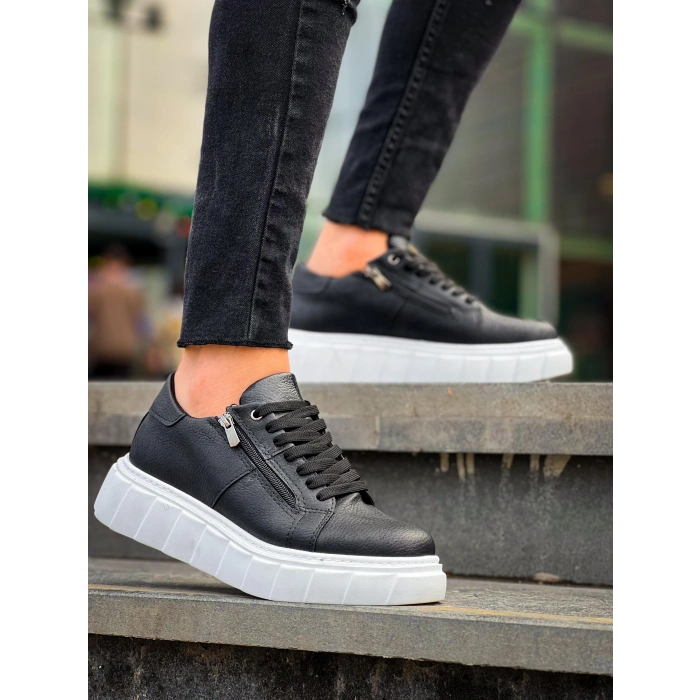KB-X155 Kuback Siyah Cilt Detaylı Beyaz Yüksek Taban Günlük Spor Ayakkabı