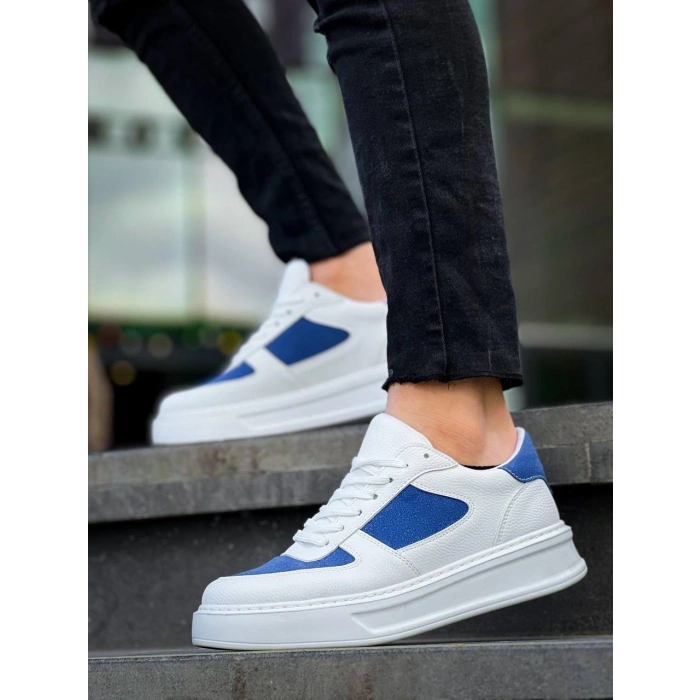 KB-X8 Kuback Beyaz Cilt Mavi Süet Detaylı Beyaz Yüksek Taban Günlük Spor Ayakkabı