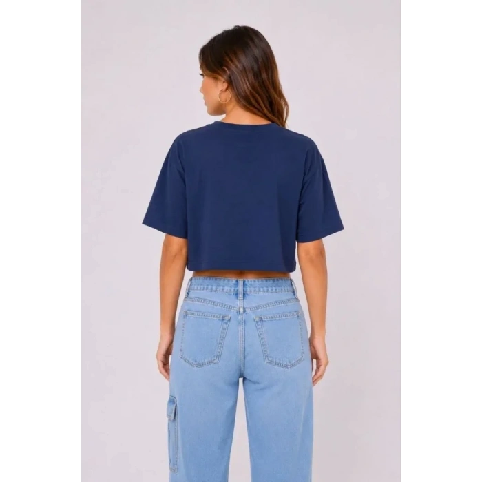 Kedi Baskılı Oversize Crop Tişört Salaş Basic Yarım Kol T-shirt - Lacivert