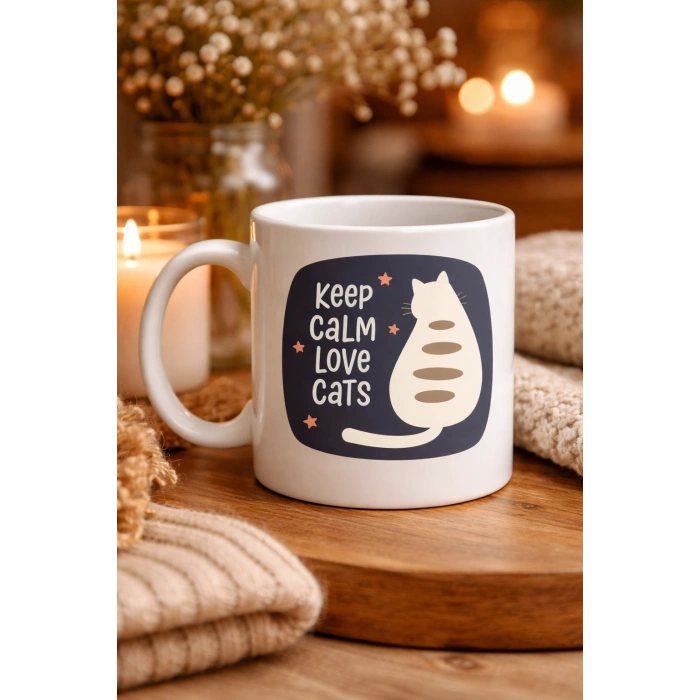 Keep Calm Love Cats Kedi Temalı Porselen Kupa MODEL 56 – Sevimli Tasarım , Kahve & Çay Kupası