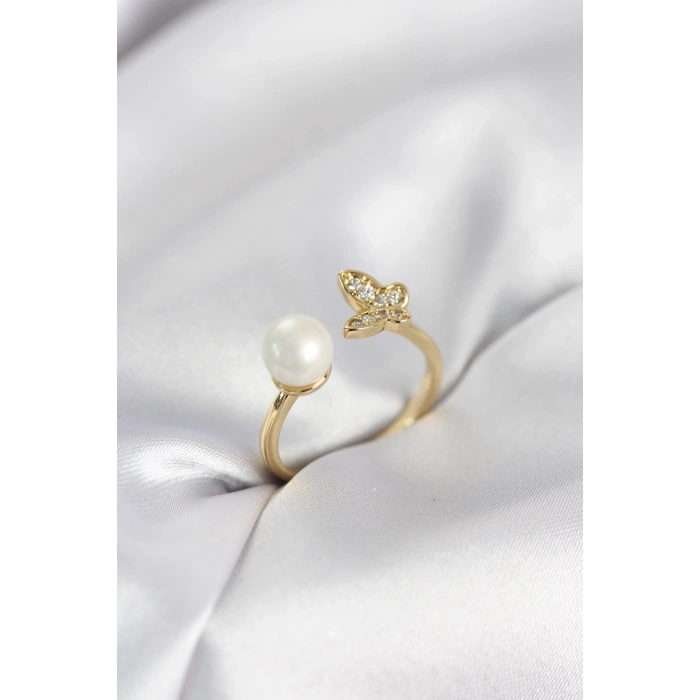 Kelebek İncili Model Gold Renk Zirkon Taşlı Kadın Yüzük