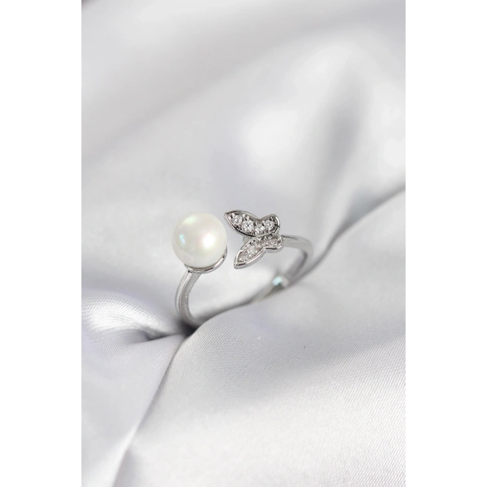 Kelebek İncili Model Gümüş Renk Zirkon Taşlı Kadın Yüzük