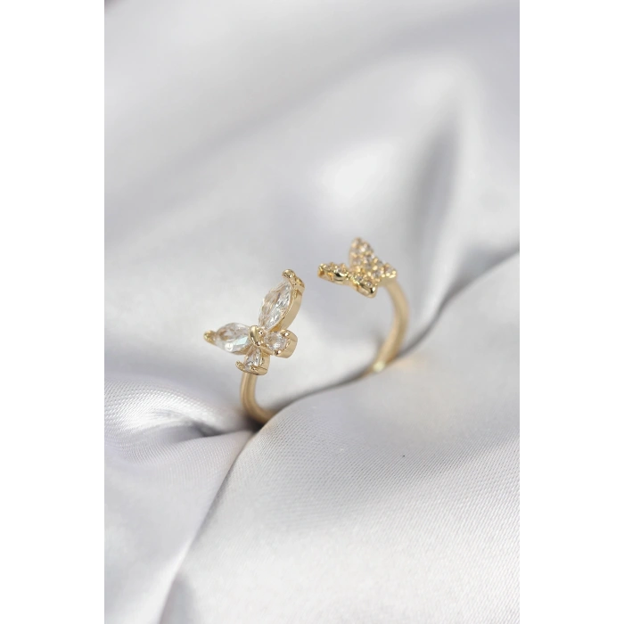 Kelebek Model Zirkon Taşlı Gold Renk Kadın Yüzük