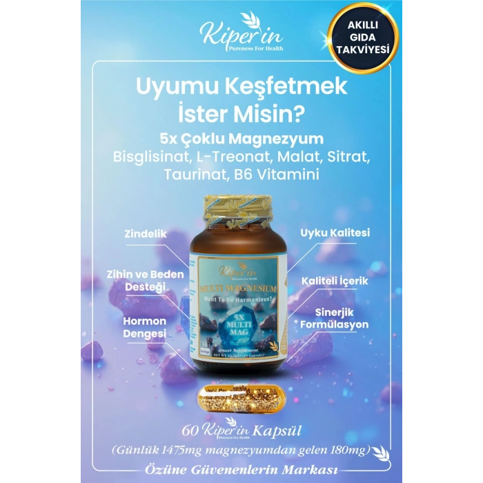 Kiperin 5x Çoklu Magnezyum Taurat Bisglisinat Malat Sitrat L-Treonat Akıllı Gıda Takviyesi 60 Kapsül