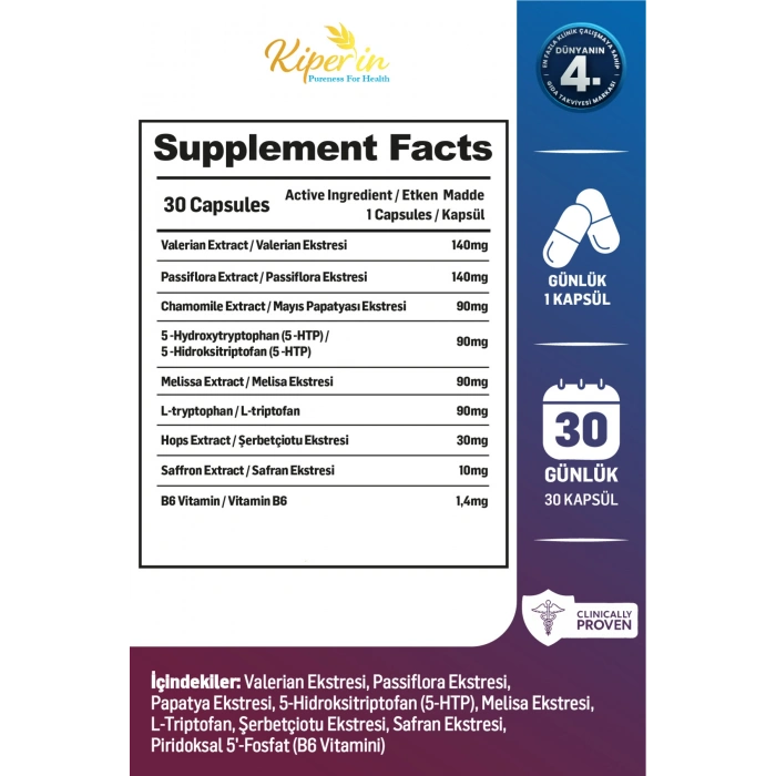Kiperin Calm Relax Passiflora Safran Valerian HTP İçeren Akıllı Gıda Takviyesi 30 Kapsül